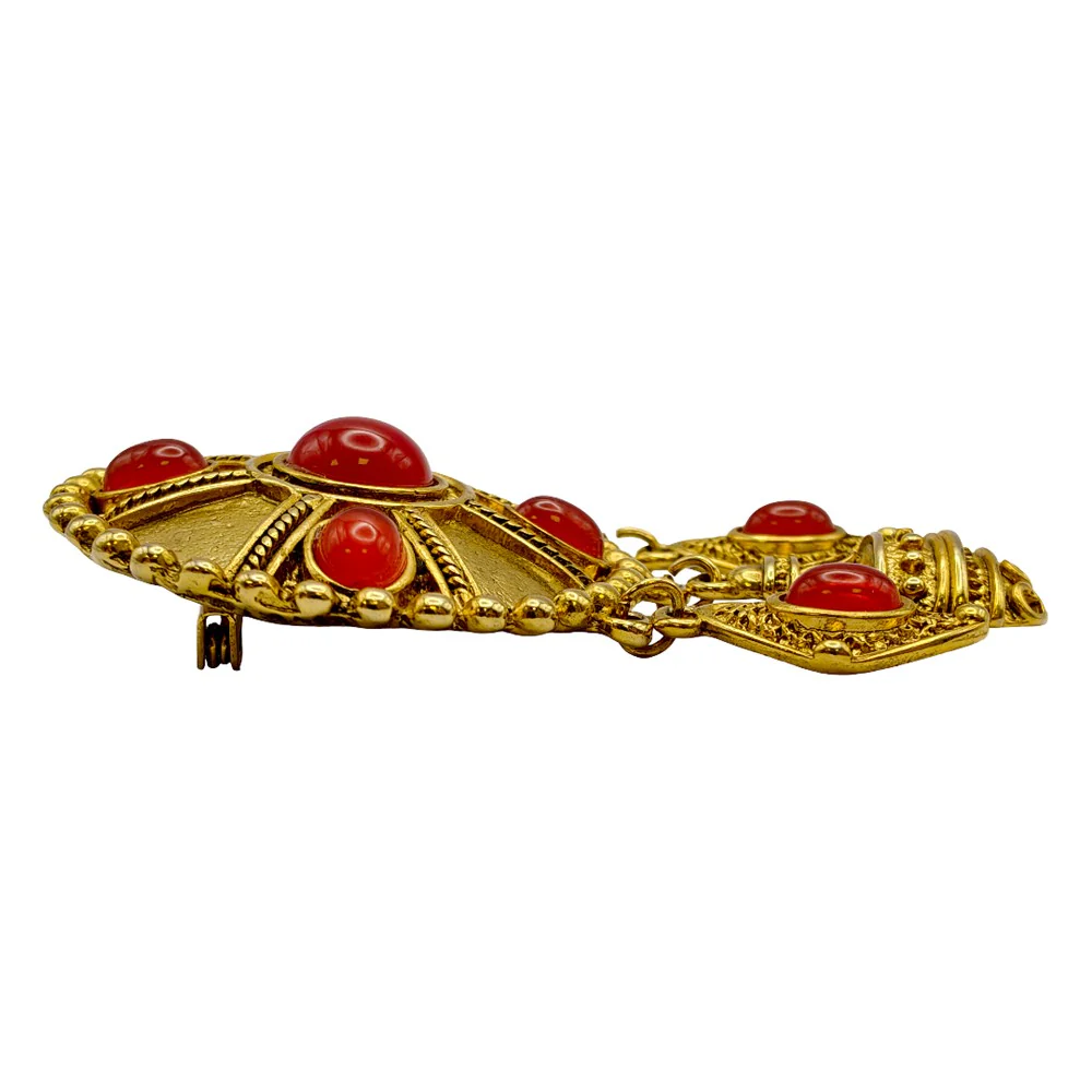 1980's Gold Tone Faux Amber Cabochon Dangle Brooch - Image 2