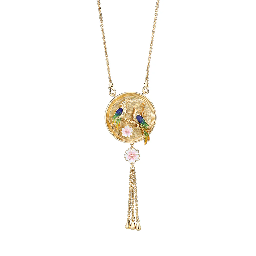 Gold Plate Bird with Pink Flower Pendant - Image 3
