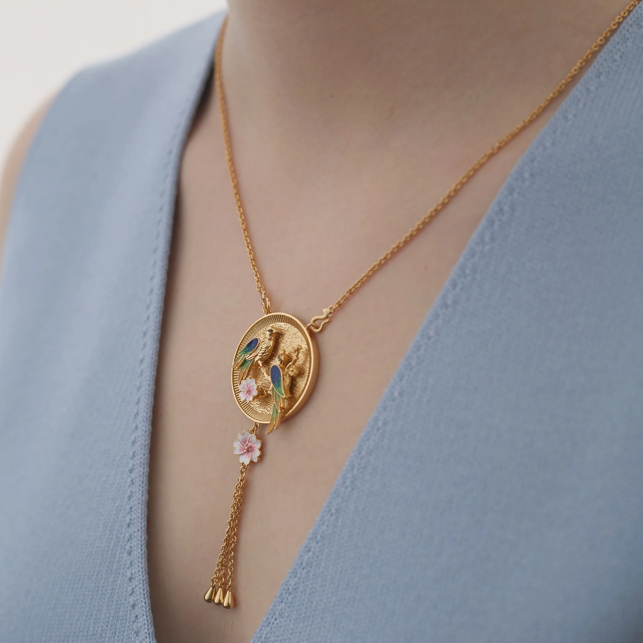 Gold Plate Bird with Pink Flower Pendant - Image 4