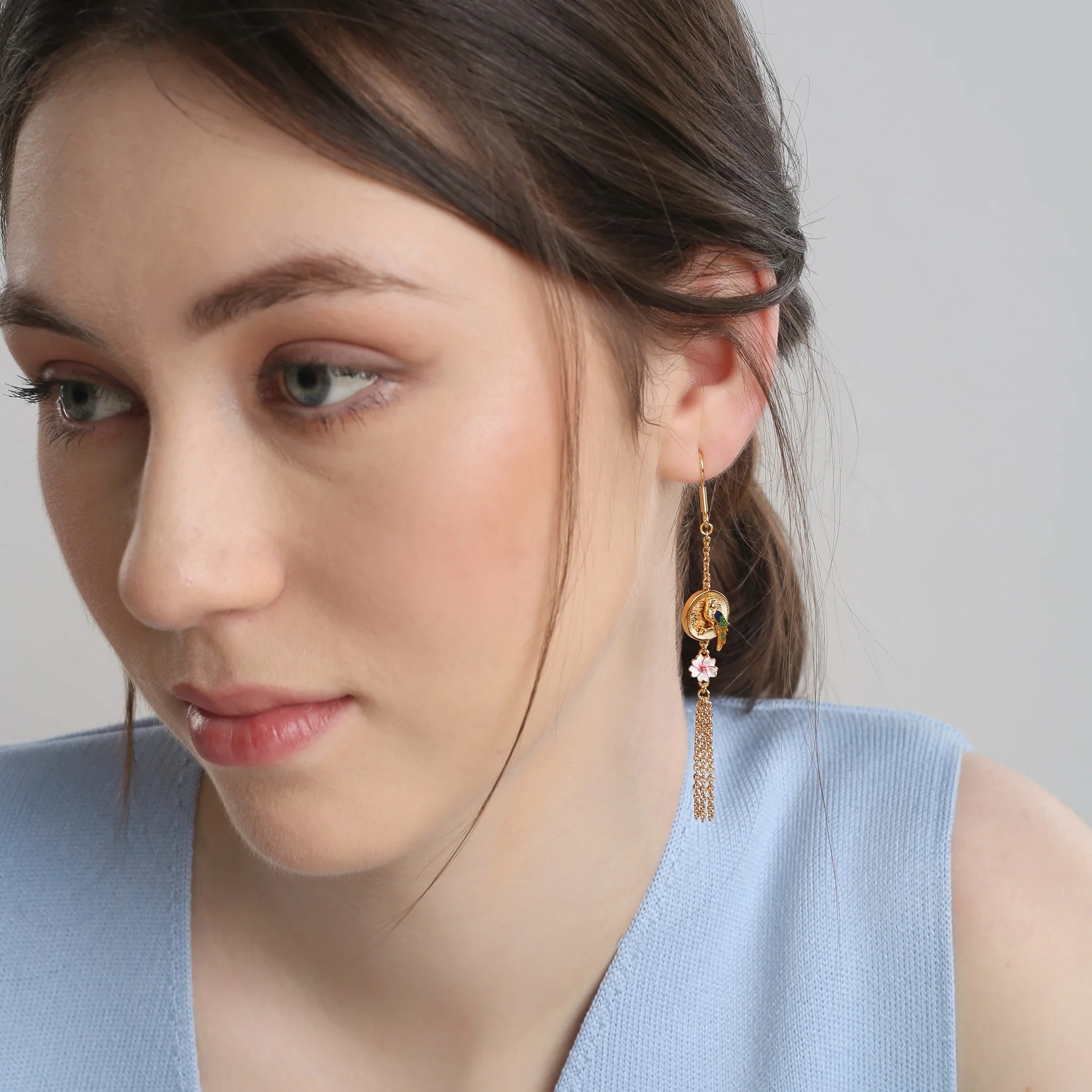 Gold Plated Bird with Pink Flower Earrings - Image 2