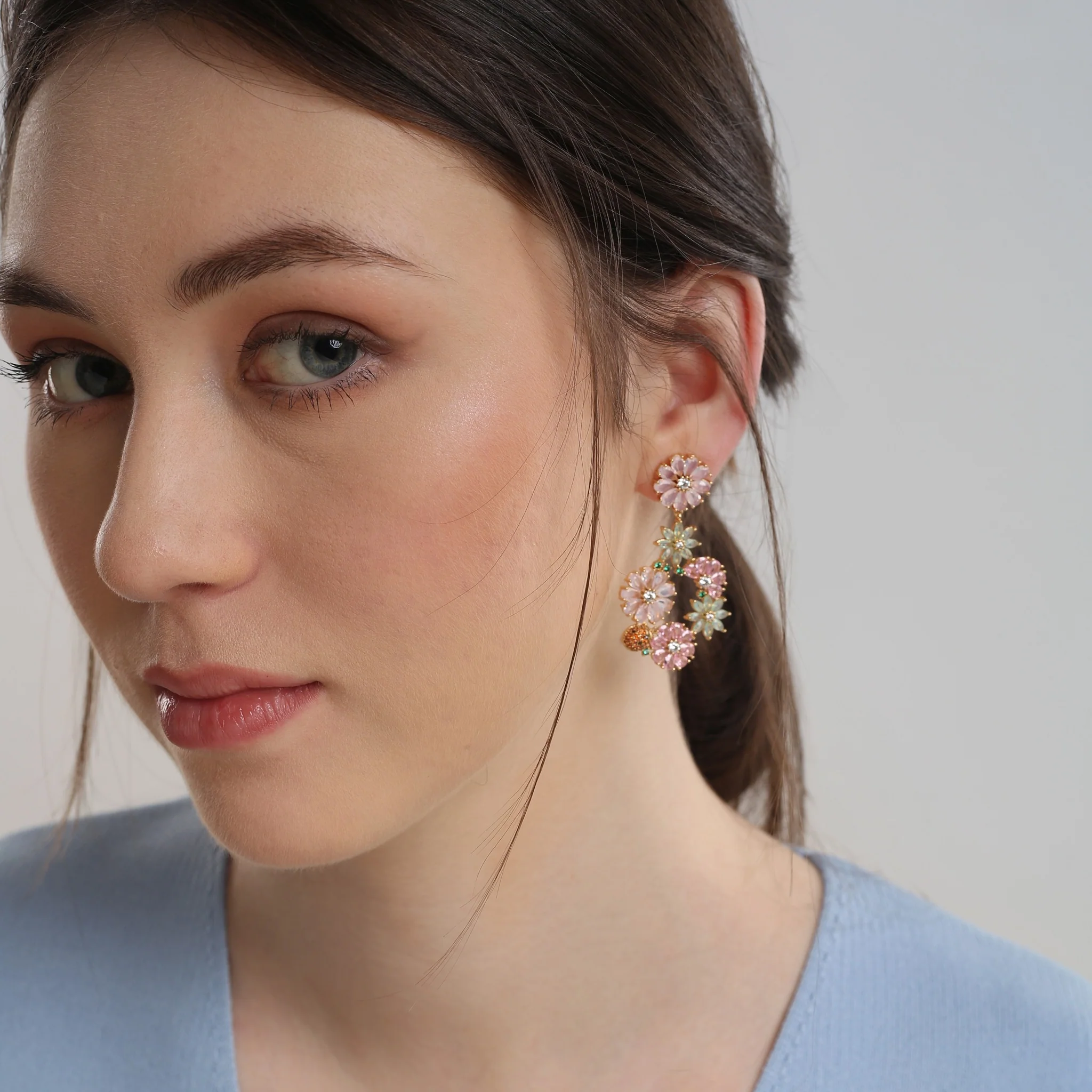 Gold Plated Pink & Green Floral Drop Earrings - Image 5