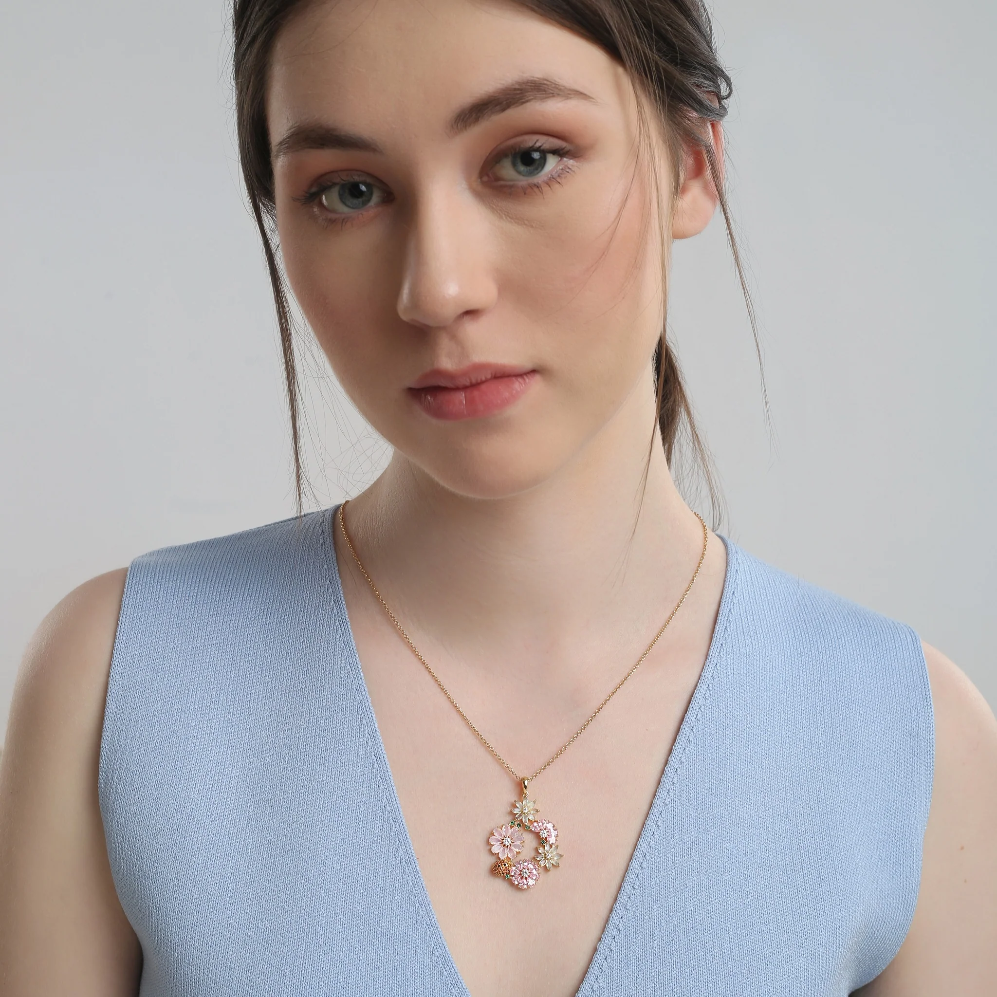 Gold Plated Pink & Green Floral Pendant - Image 2