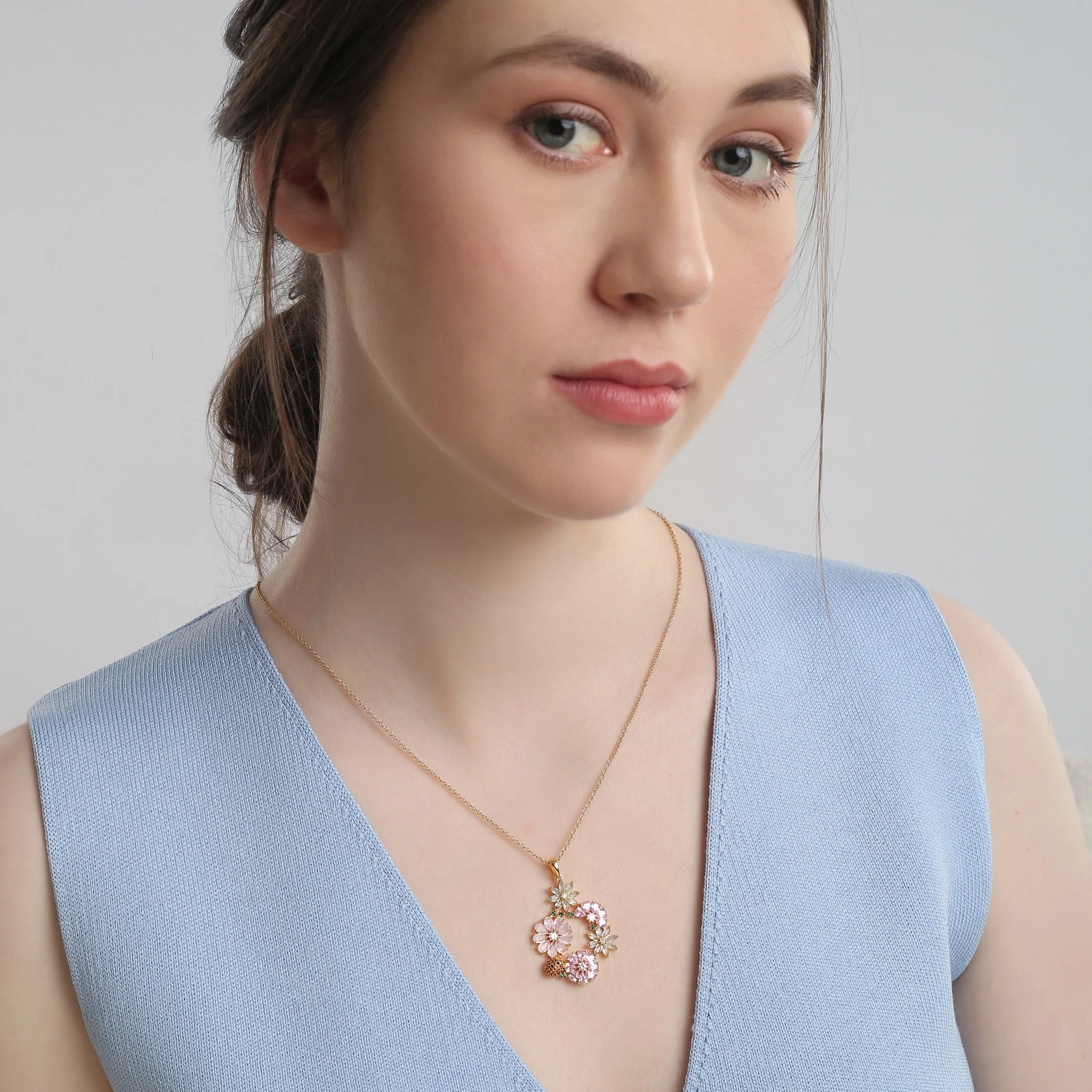 Gold Plated Pink & Green Floral Pendant - Image 4