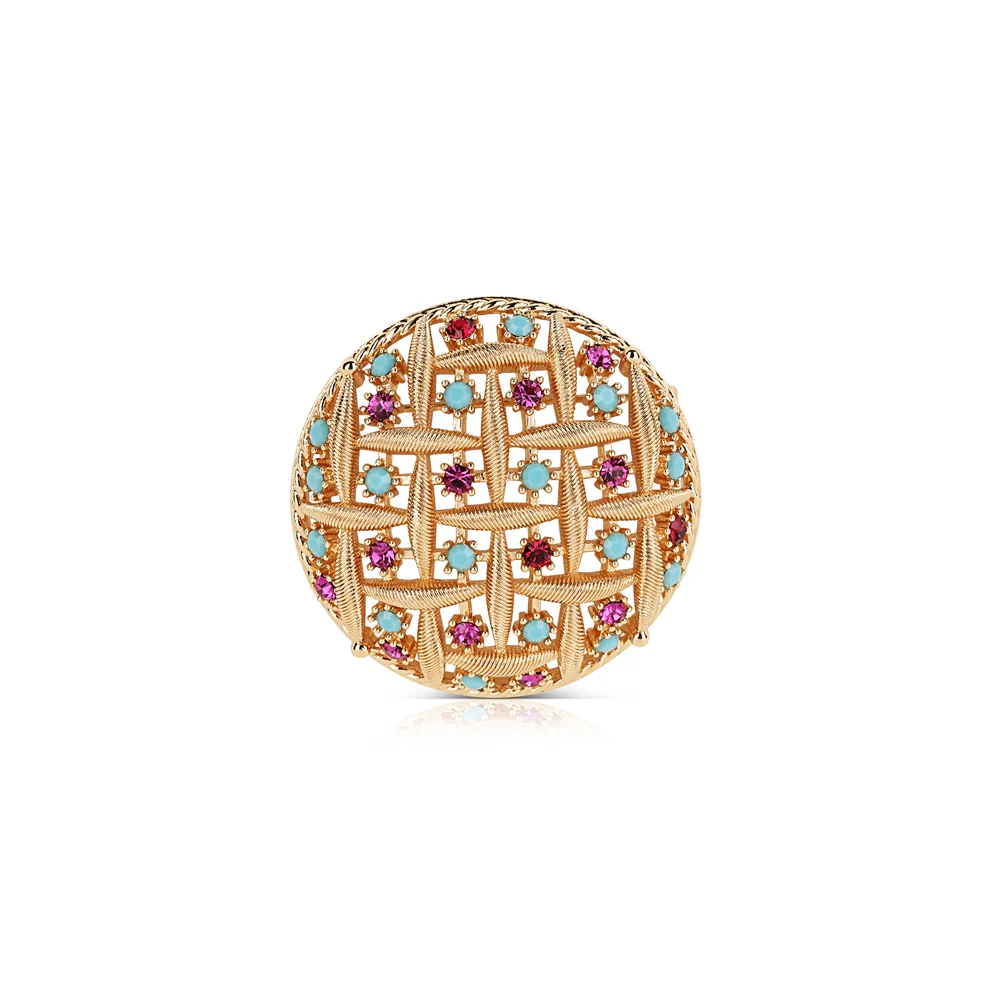 Gold Plated Round Brooch Pink & Turquoise Stones - Image 3