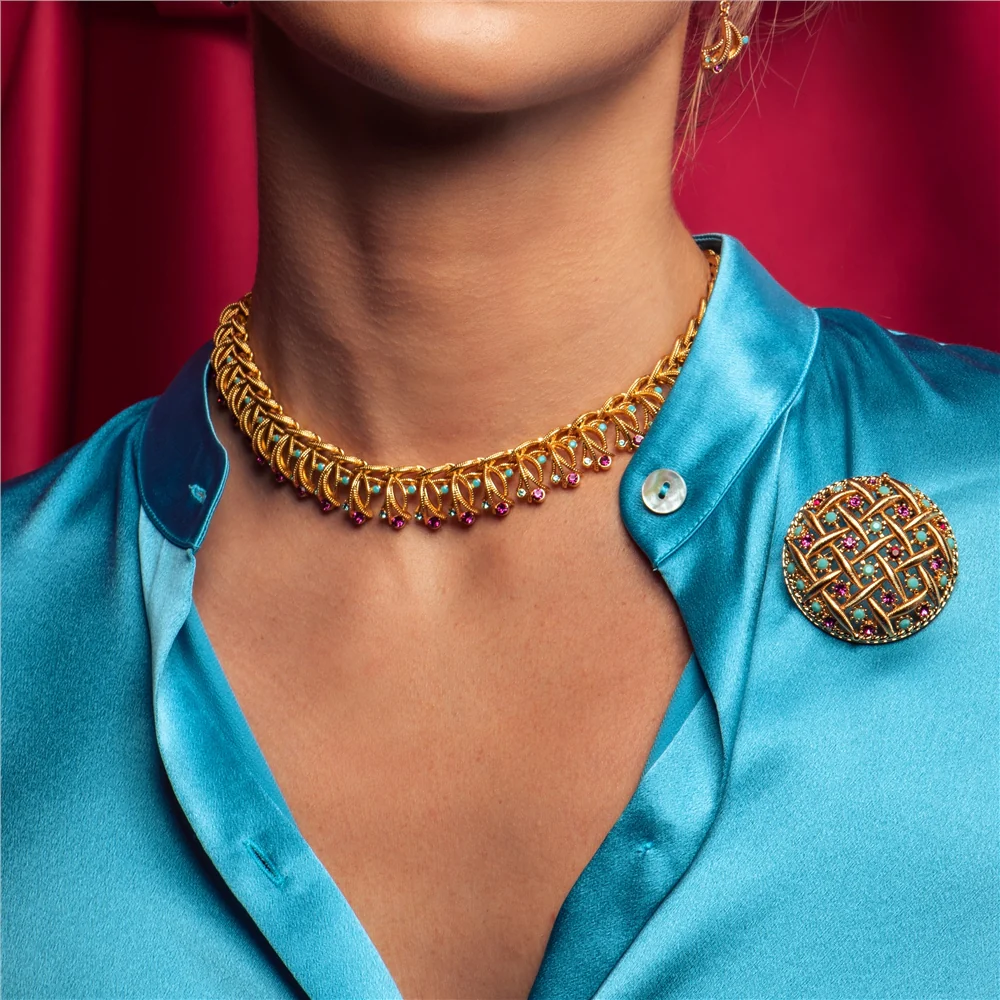 Gold Plated Round Brooch Pink & Turquoise Stones - Image 4