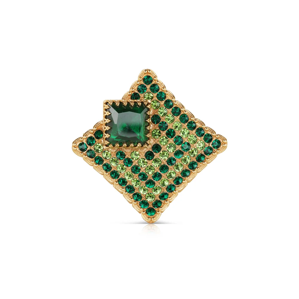 Gold Plated Square Brooch with Green Stones