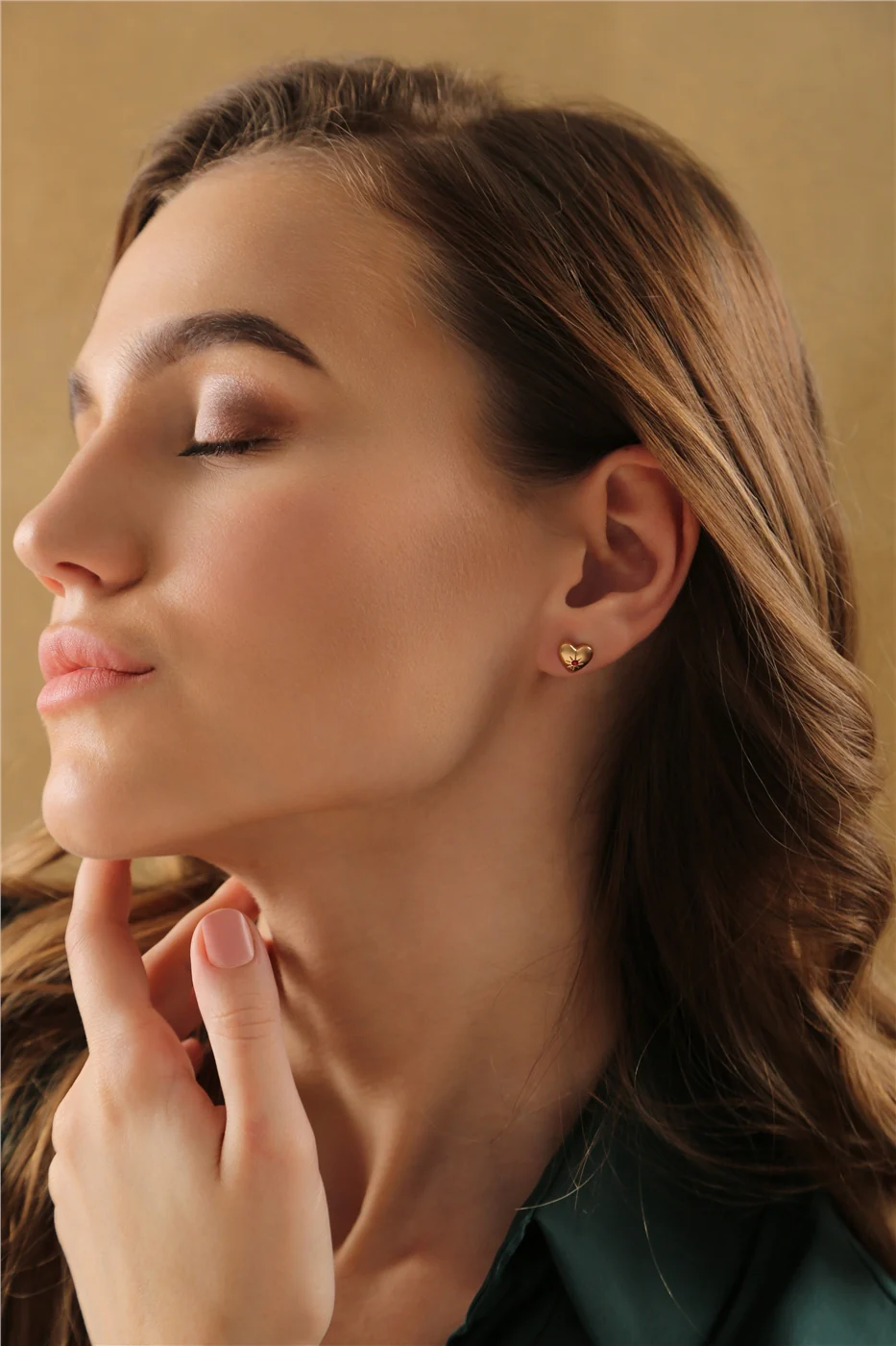 Heart Stud Earrings with Ruby Red Stones - Image 2