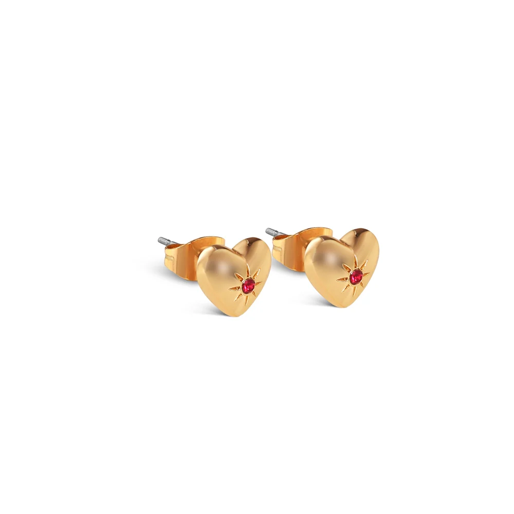 Heart Stud Earrings with Ruby Red Stones - Image 3